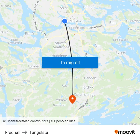 Fredhäll to Tungelsta map