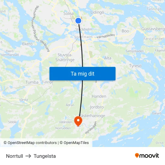 Norrtull to Tungelsta map
