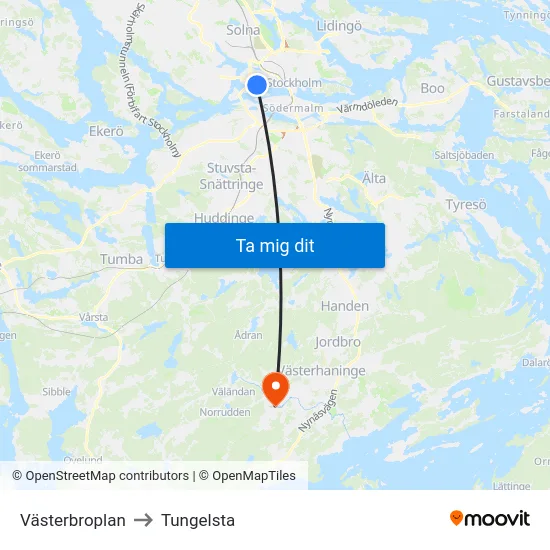 Västerbroplan to Tungelsta map