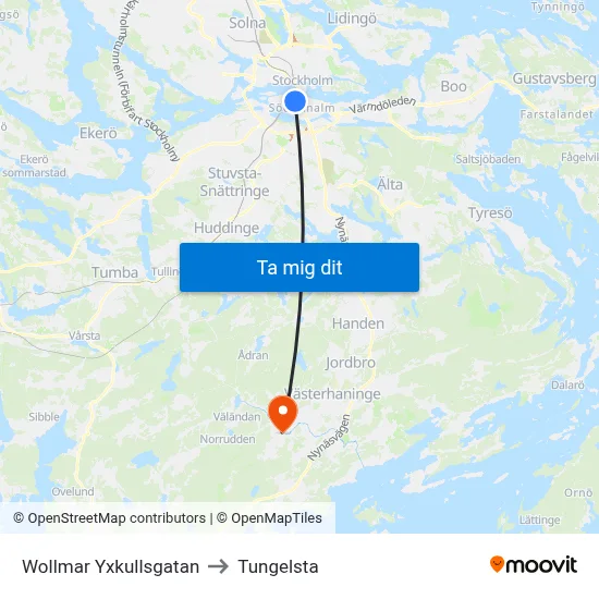 Wollmar Yxkullsgatan to Tungelsta map
