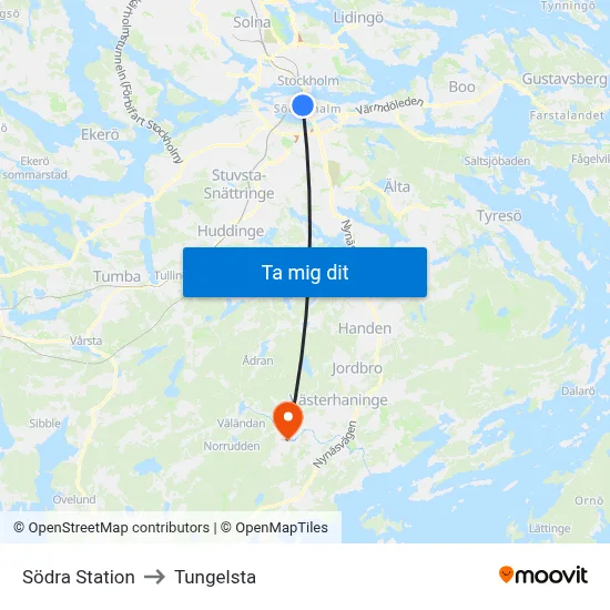 Södra Station to Tungelsta map