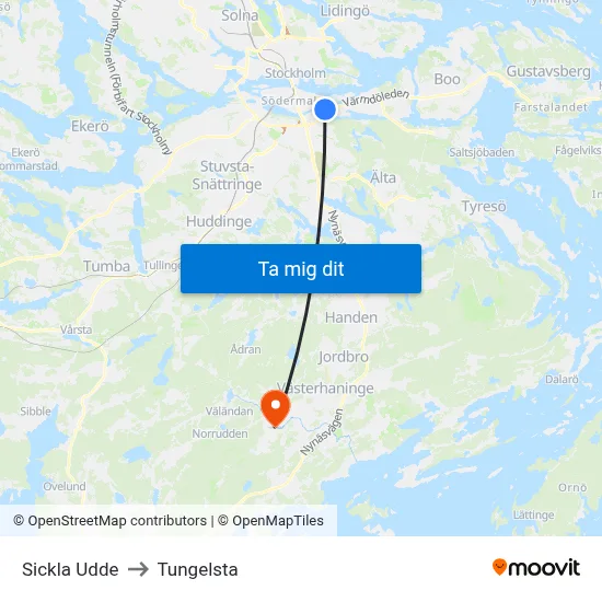 Sickla Udde to Tungelsta map