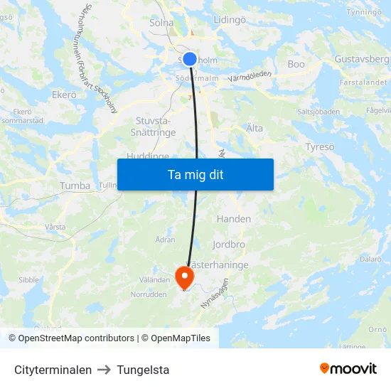 Cityterminalen to Tungelsta map