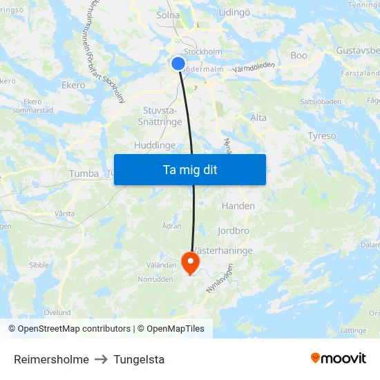 Reimersholme to Tungelsta map