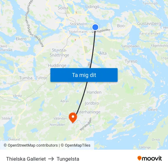 Thielska Galleriet to Tungelsta map