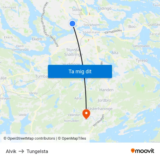Alvik to Tungelsta map