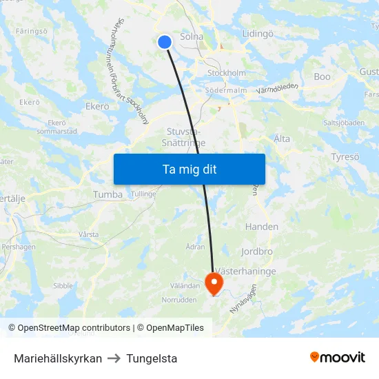 Mariehällskyrkan to Tungelsta map