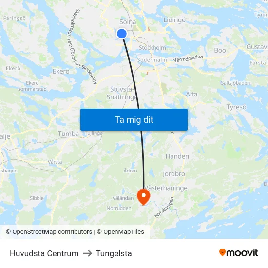 Huvudsta Centrum to Tungelsta map
