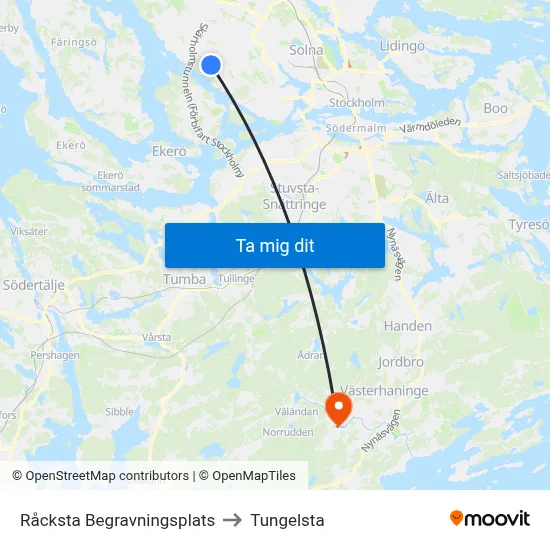 Råcksta Begravningsplats to Tungelsta map