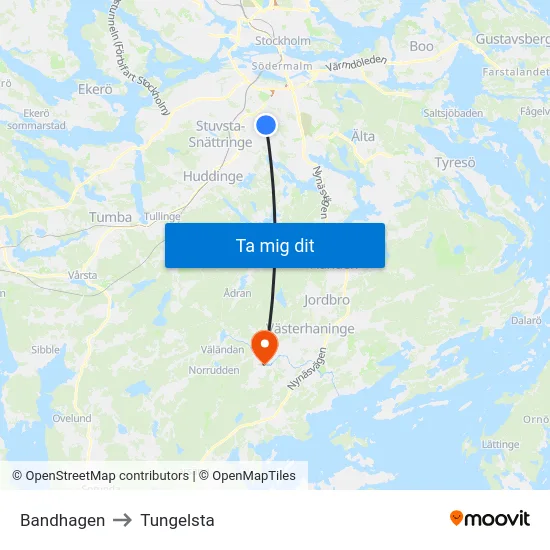 Bandhagen to Tungelsta map