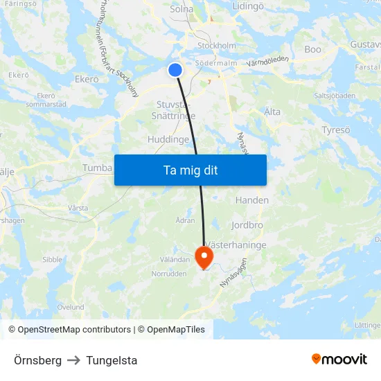 Örnsberg to Tungelsta map