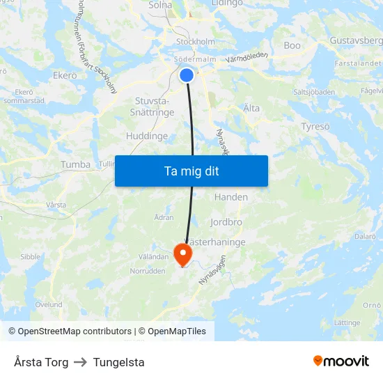 Årsta Torg to Tungelsta map
