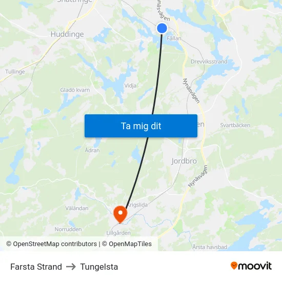 Farsta Strand to Tungelsta map