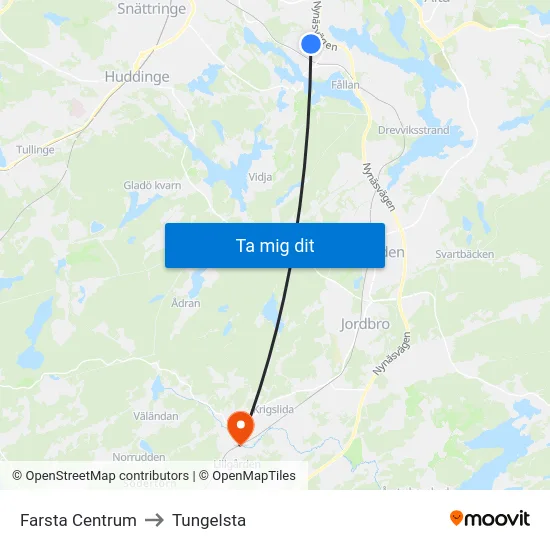 Farsta Centrum to Tungelsta map