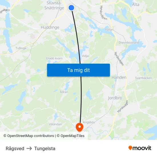 Rågsved to Tungelsta map