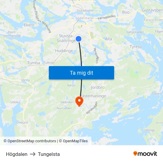 Högdalen to Tungelsta map