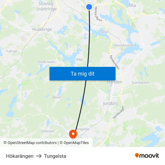 Hökarängen to Tungelsta map
