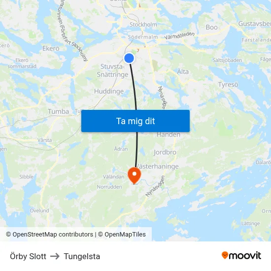 Örby Slott to Tungelsta map