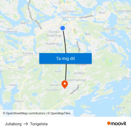 Juliaborg to Tungelsta map