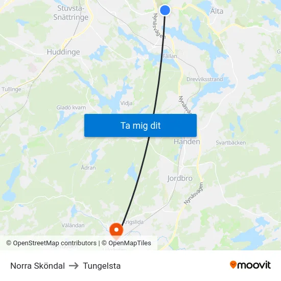 Norra Sköndal to Tungelsta map