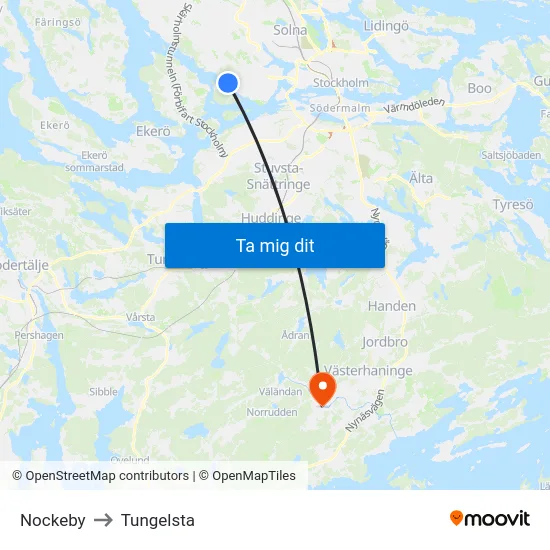Nockeby to Tungelsta map