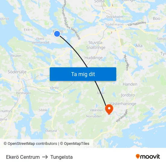 Ekerö Centrum to Tungelsta map