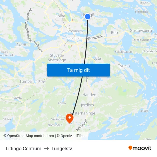 Lidingö Centrum to Tungelsta map