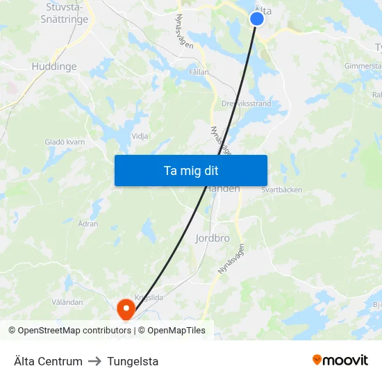 Älta Centrum to Tungelsta map