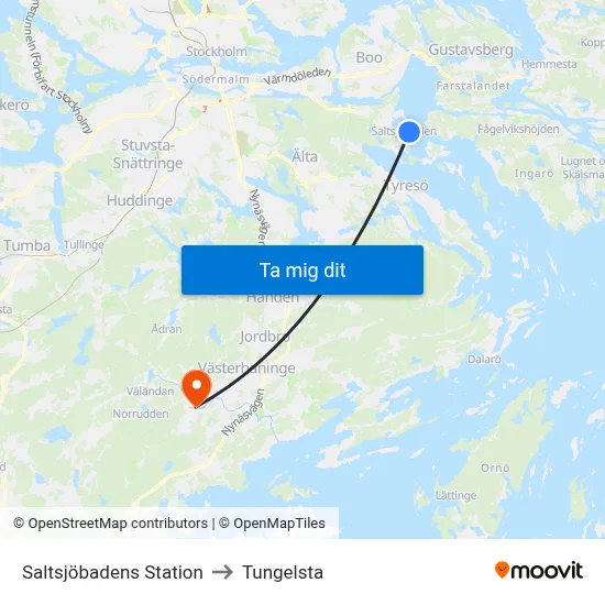 Saltsjöbadens Station to Tungelsta map