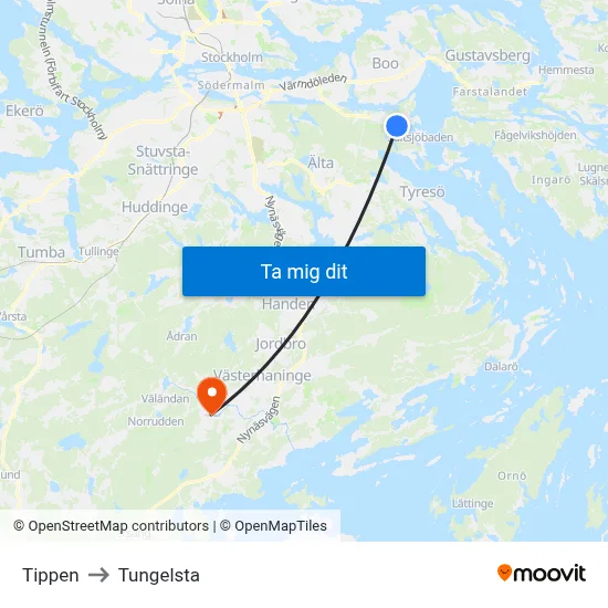 Tippen to Tungelsta map