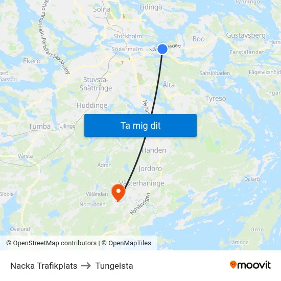 Nacka Trafikplats to Tungelsta map