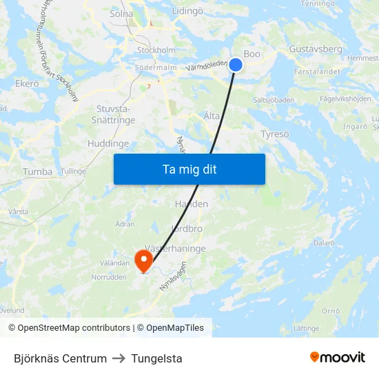 Björknäs Centrum to Tungelsta map
