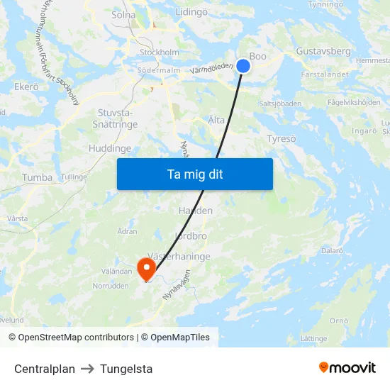 Centralplan to Tungelsta map