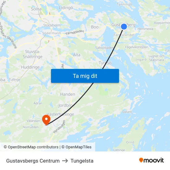Gustavsbergs Centrum to Tungelsta map