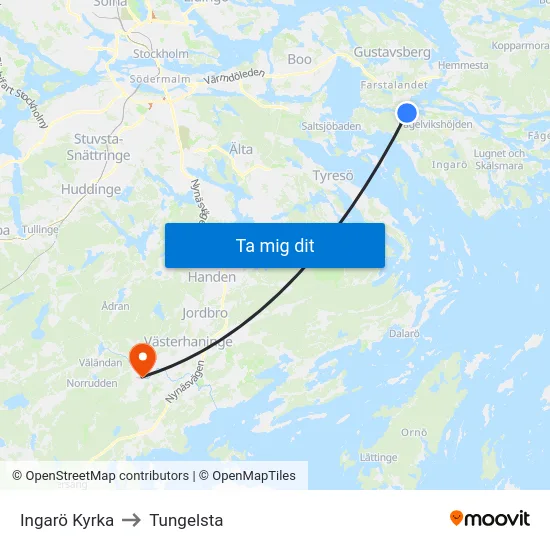 Ingarö Kyrka to Tungelsta map