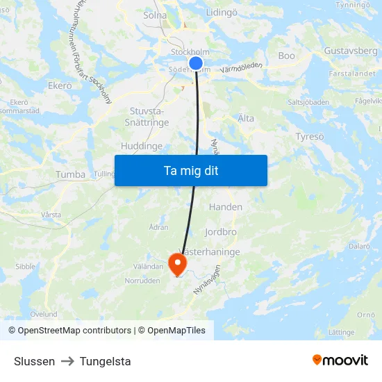 Slussen to Tungelsta map