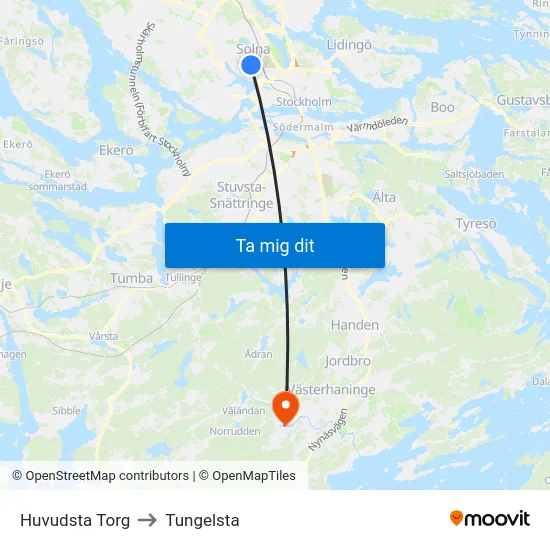 Huvudsta Torg to Tungelsta map