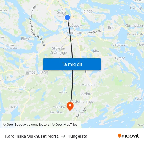 Karolinska Sjukhuset Norra to Tungelsta map