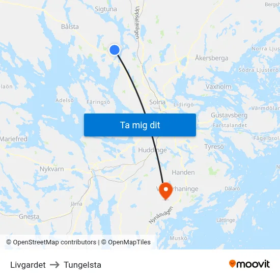 Livgardet to Tungelsta map