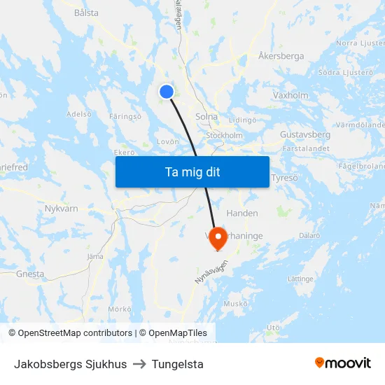 Jakobsbergs Sjukhus to Tungelsta map