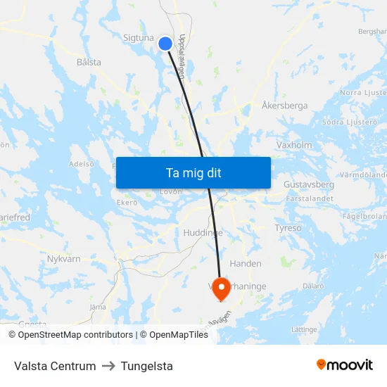 Valsta Centrum to Tungelsta map