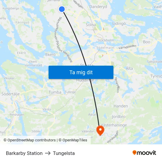Barkarby Station to Tungelsta map