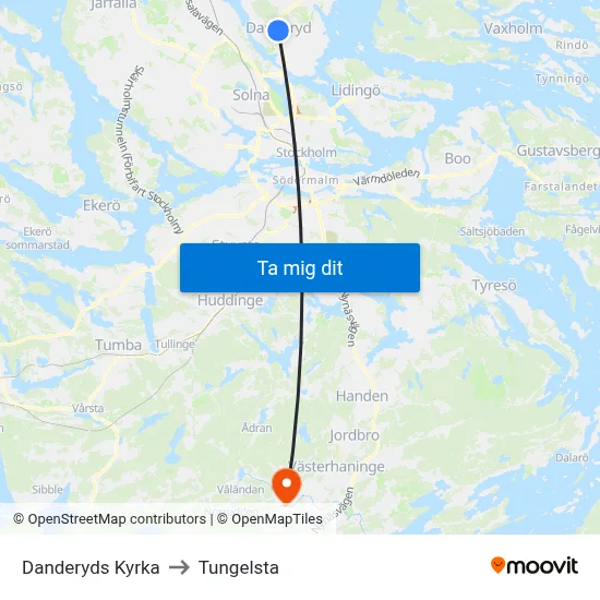 Danderyds Kyrka to Tungelsta map