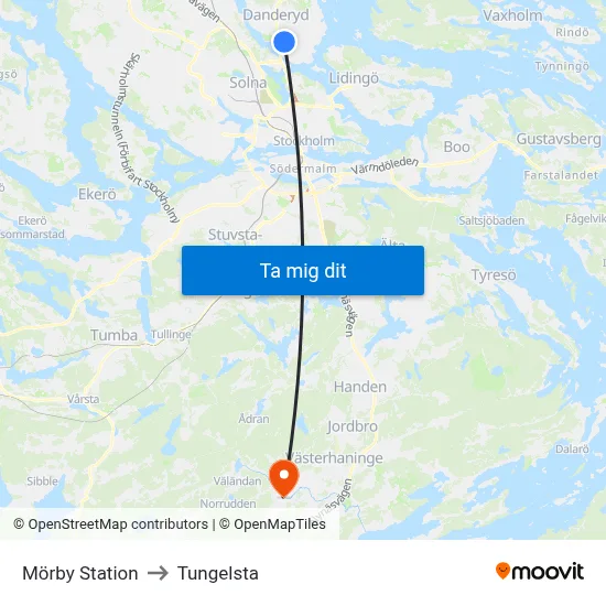 Mörby Station to Tungelsta map