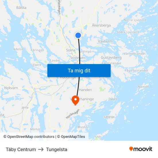 Täby Centrum to Tungelsta map