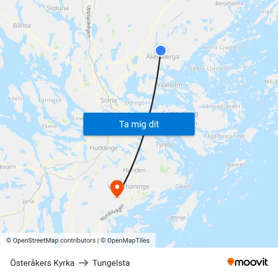 Österåkers Kyrka to Tungelsta map