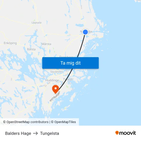 Balders Hage to Tungelsta map