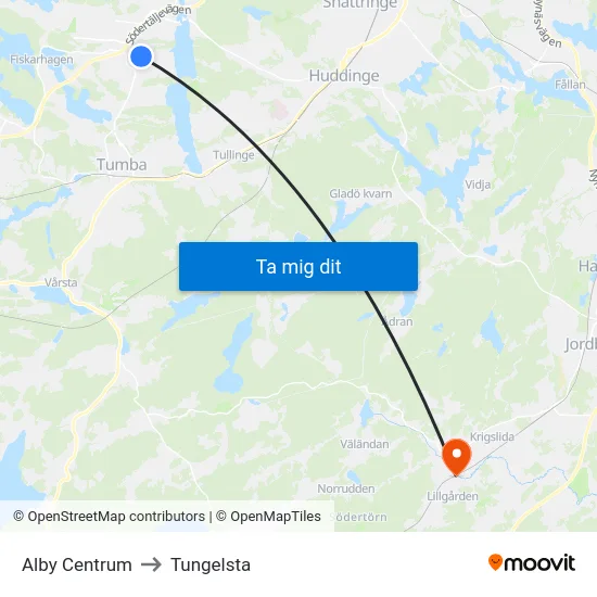 Alby Centrum to Tungelsta map