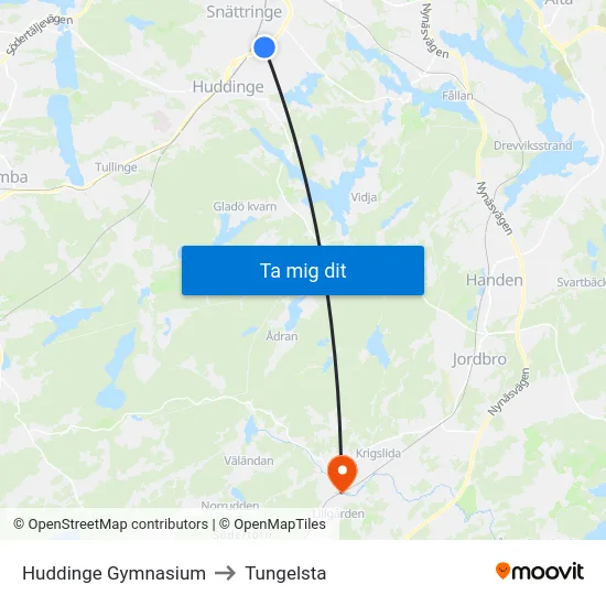 Huddinge Gymnasium to Tungelsta map