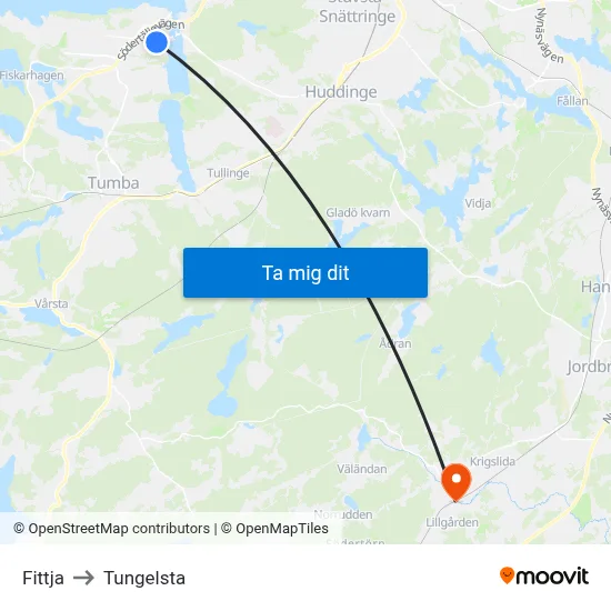 Fittja to Tungelsta map